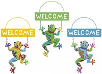 Metal frog welcome sign