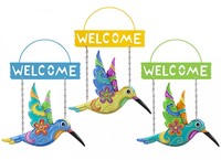 Metal hummingbird welcome sign
