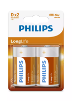 Phillips LongLife zinc chloride batteries-D-pk2